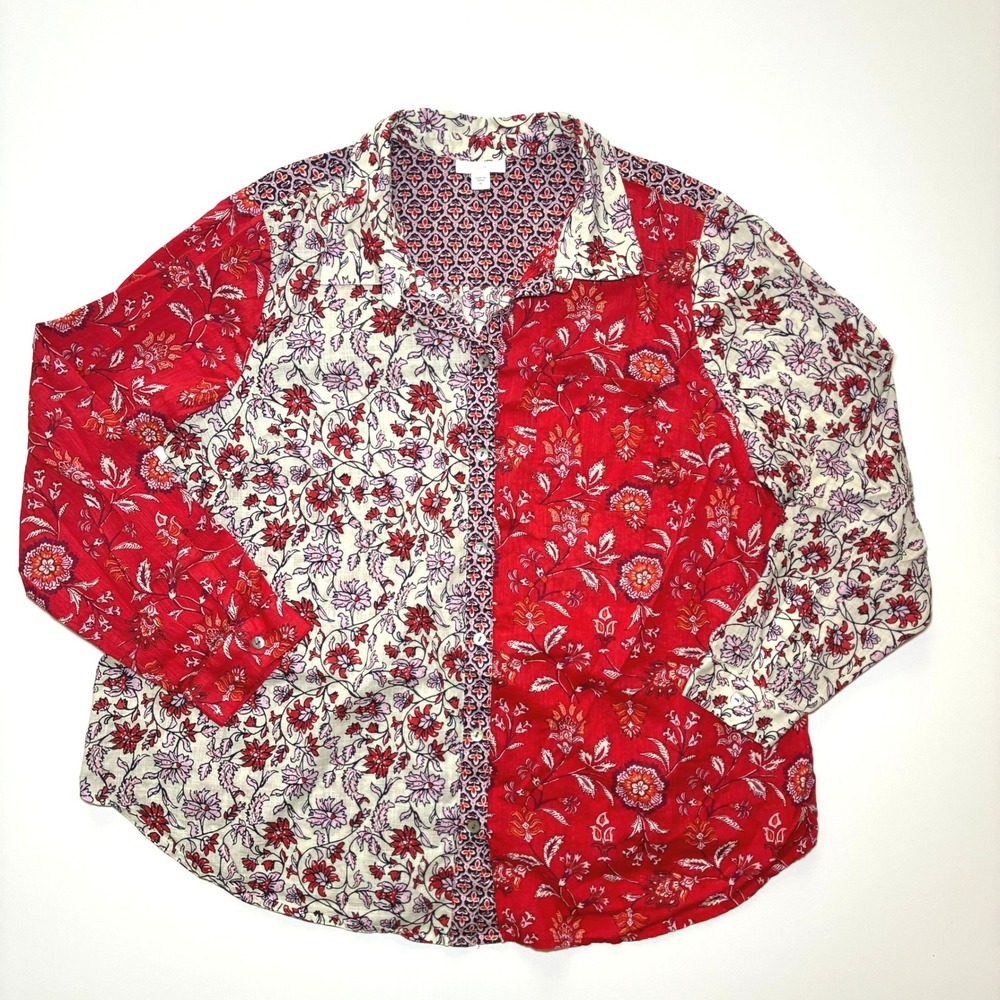 J Jill Colorblock Patchwork Floral Button Shirt Cotton Lightweight Boho Women XL